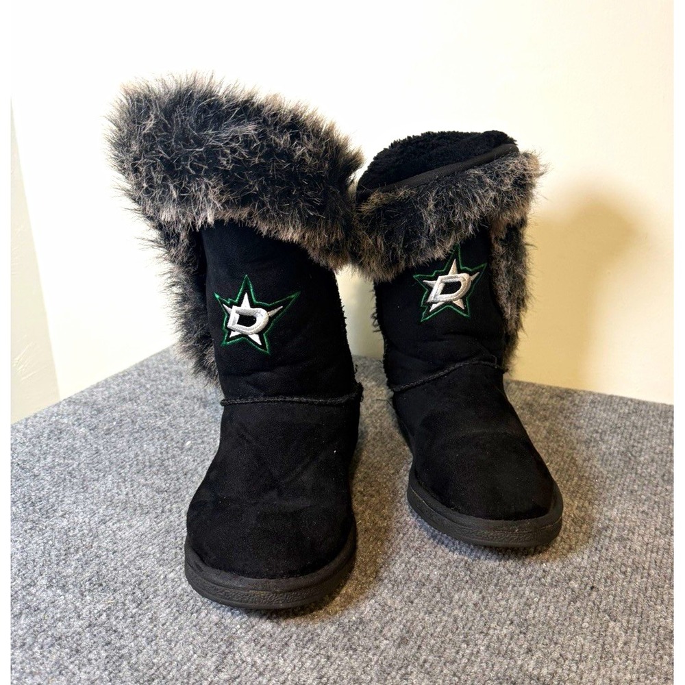 Dallas Stars NHL Officially Licensed Black/Gray Faux Fur Winter Boots Size Sz 9